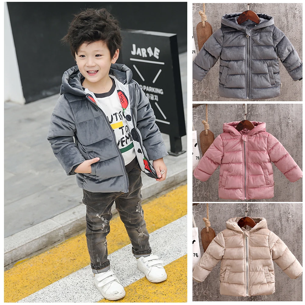 

Winter Gold Velvet Jackets For Boys Girls Trench Children's Clothing Snowsuit Hooded Warm Outerwear Windbreaker Baby Kids Coats