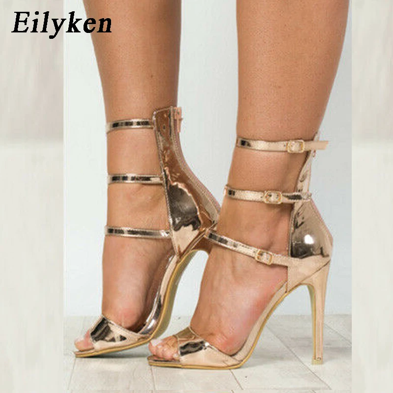 

Eilyken Gold Black Sexy Women Sandals High Heels Zip Gladiator Sandals Stiletto Wedding Buckle Sandals shoes size 35-40