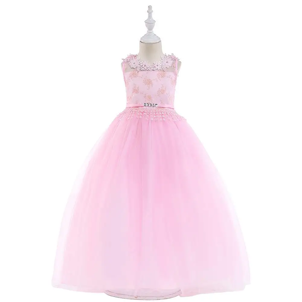 Открытое детское длинное платье с круглым вырезом и цветочным узором для девочек; Vestidos; кружевное платье для причастия; свадебное Пышное Платье принцессы без рукавов - Цвет: Розовый