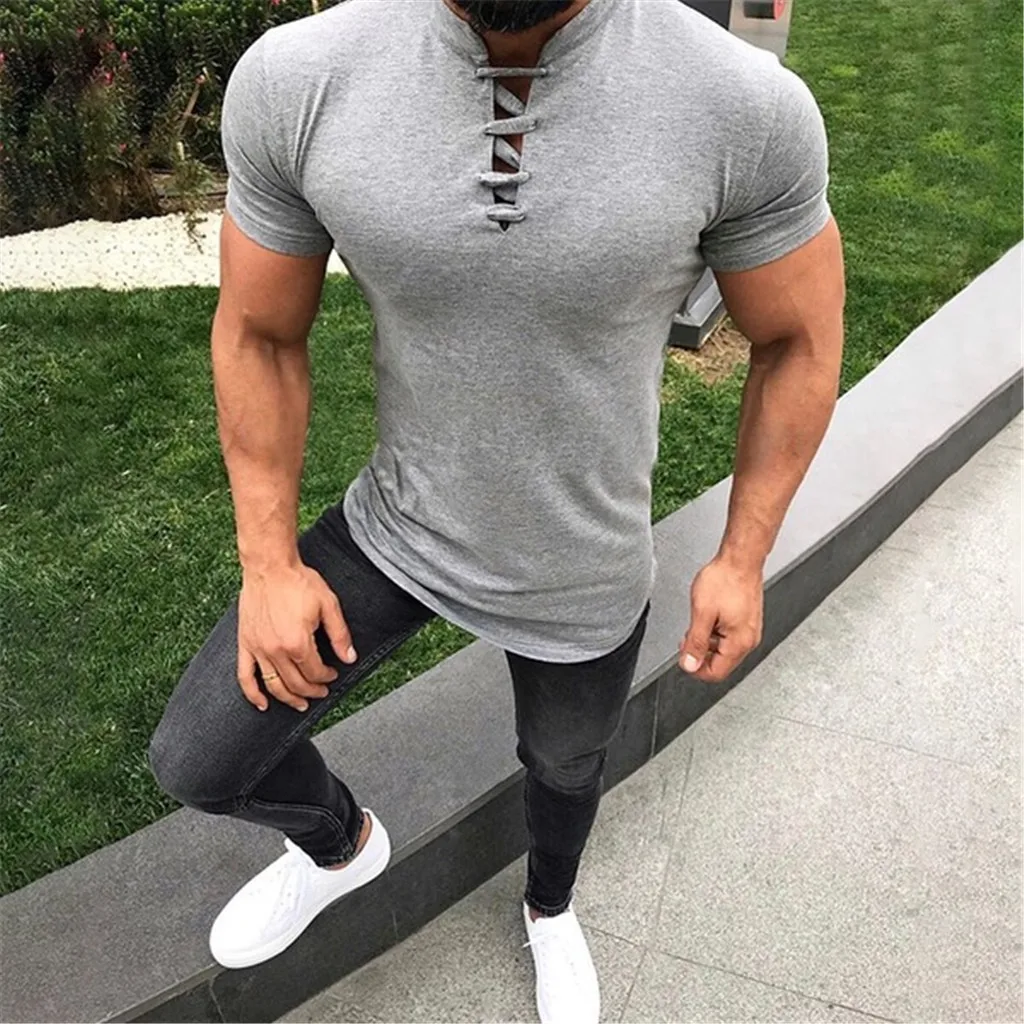 

Men's t shirt men t shirt tshirt streetwear stranger things 2019 Fashion Summer Fashion Solid Stand Collar Fitness Top Tee Z4