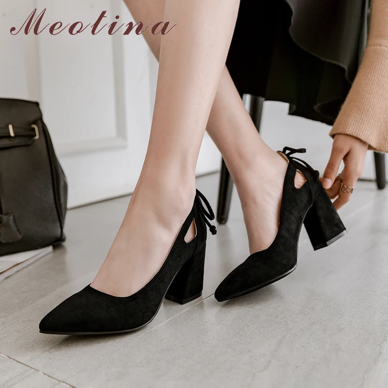 Meotina/женские туфли-лодочки женская обувь на толстом каблуке женские вечерние туфли с острым носком на высоком каблуке с бантом обувь без шнуровки черный цвет, большие размеры 33-46, 43