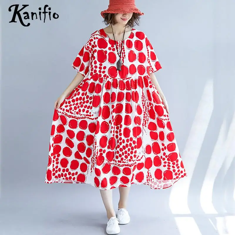 

Kanifio Plus Size Women Clothing Fashion Dot Print Casual Loose Dress Ladies Cotton Linen Dresses Long Top Tees Tunics Vestidios