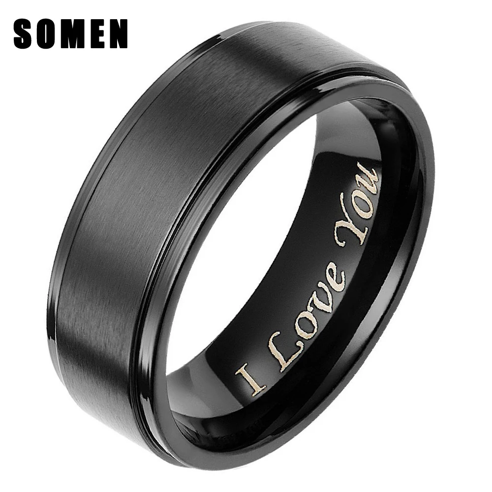 Somen 8mm pánské černé kartáčovaný titanový prsten s vyrytým "miluji tě" pro snubní prsteny se zásnubní prsteny módní taška Homme