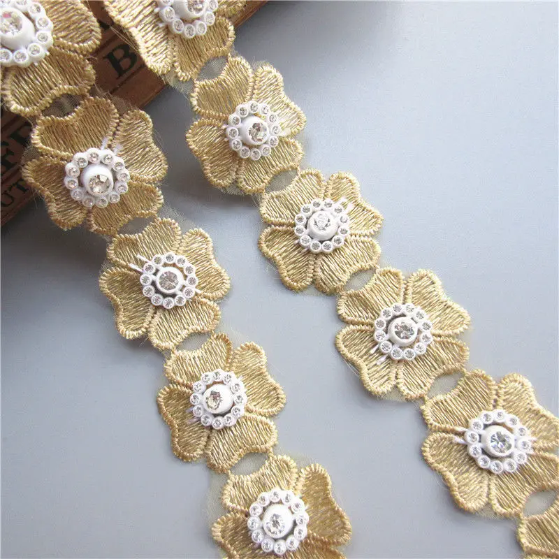 

1 Yard Light Golden Yellow Heart Flower Diamond Lace Edge Trim Bridal Wedding Dress Ribbon Embroidered Applique Sewing Craft DIY