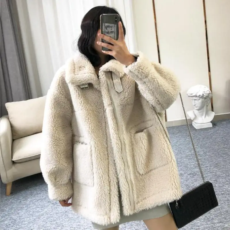 

Fall And Winter 2019 New Fur-in-one Korean Granular Wool Coat Sheep-sheared Overcoat Women's Short-style Thickened Leather
