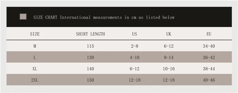 Muslim Arab Women Size Chart