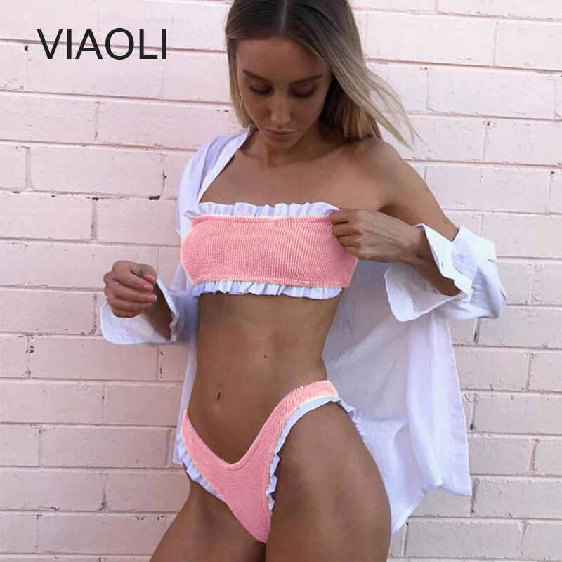 

Ladies Tube Top Bikini Lace Split Swimsuit Swimwear Two Piece Swimsuit Push Up Bikini Set traje de bao mujer