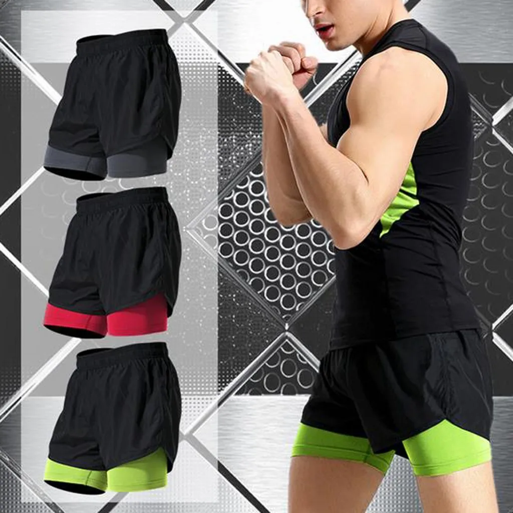 Mens Fitness Fake Two Pieces Bodybuilding Skin Tight-drying Short Sports Pants Training Man Quick Drying Compression Shorts #C