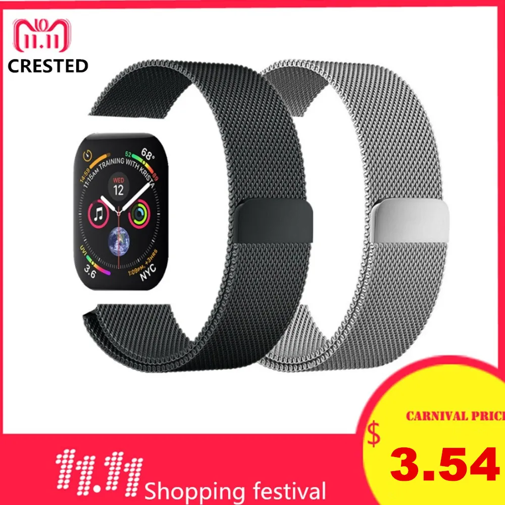 

CRESTED Milanese Loop band For Apple Watch series 4 44mm/40mm Stainless Steel iwatch series 3 2 1 42mm/38mm wrist Bracelet belt