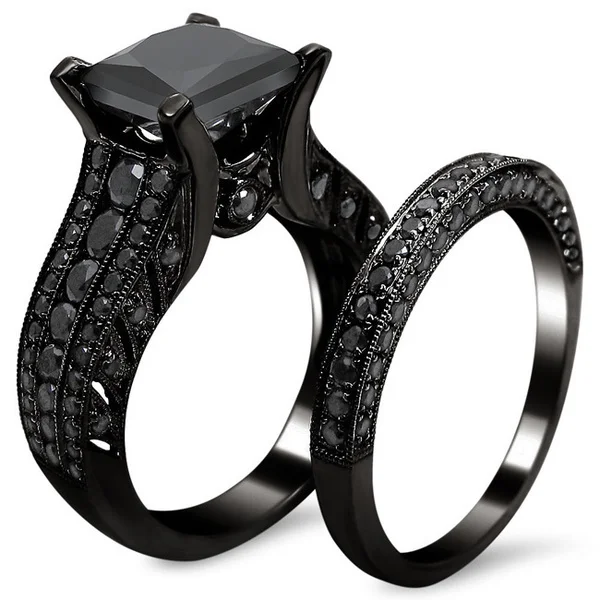 all prong princess cut black zircon bridal set black gold filled solid ring 2015 top - All Black Wedding Rings all prong princess cut black zircon bridal set black gold filled solid ring 2015 top - All Black Wedding Rings
