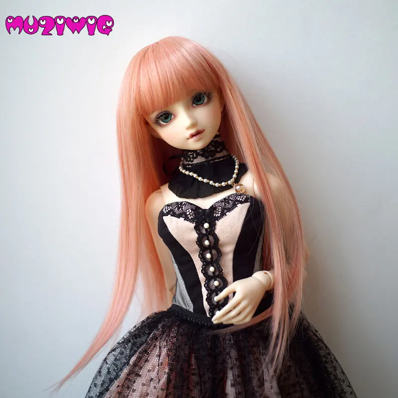 

High-temperature Fiber Synthetic Blended Pink Long Straight Hair Wig With Bangs for 1/3 1/4 1/6 1/8 BJD On Sale In MUZIWIG
