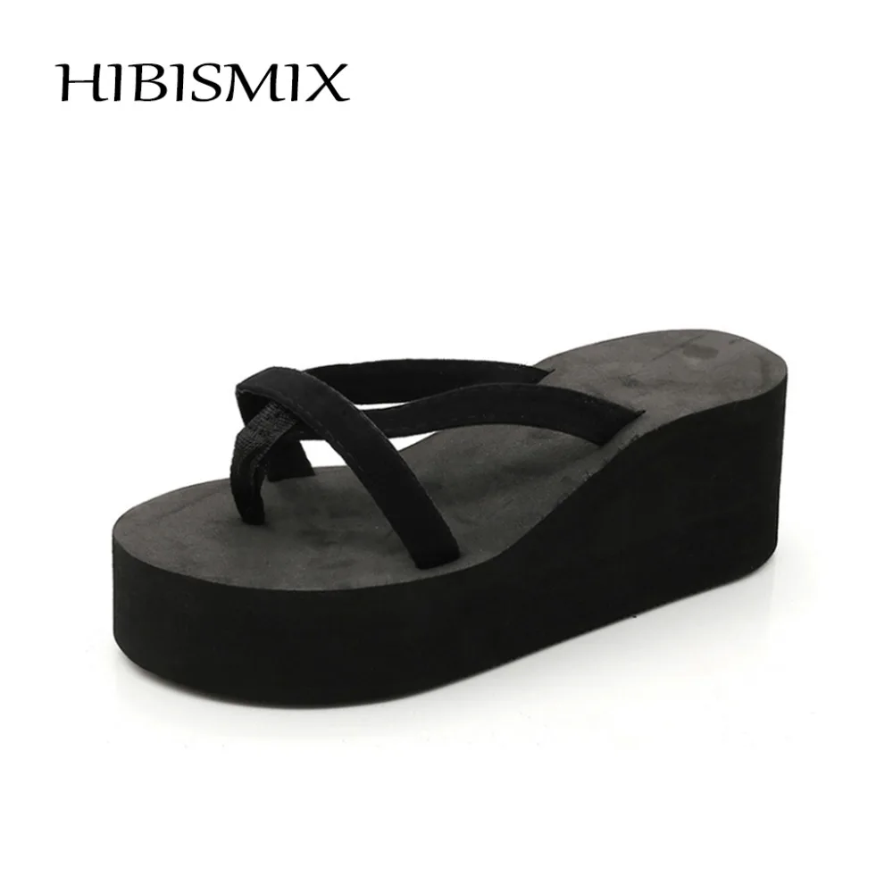 HIBISMIX женские шлепанцы на танкетке черные розовые Летние повседневные уличные