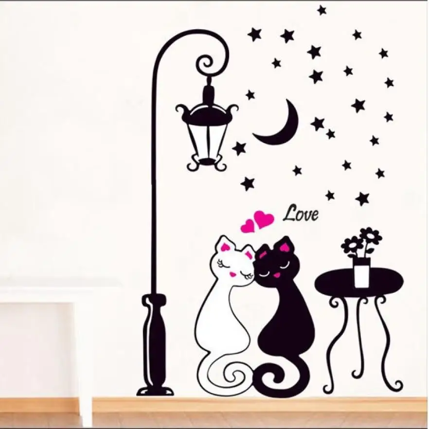 Популярный Домашний декор, Настенная Наклейка для гостиной, спальни, влюбленные кошки, Уличные светильники, обои, черный и белый кот, наклейка Aug10
