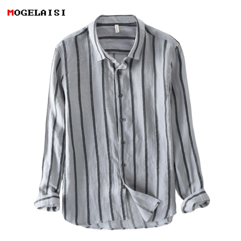 

2018 new Shirt men Linen cotton long Sleeve Striped Shirt for man thin Fashion Flax Shirt Linen Men Clothing size M-3XL