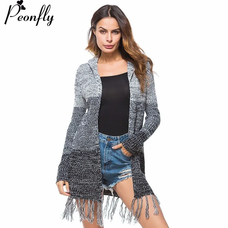 PEONFLY gary balck Long Cardigans Sweater with Hat Fashion Women