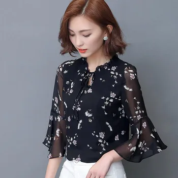 

Floral Chiffon Shirt Female 2018 Spring New Fashion Flare Short Sleeves Stand Collar Shirt Tide Multi-color S-4XL Pullover hl016