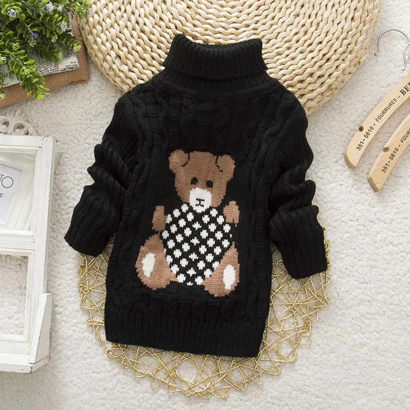Свитер для девочек зимняя плотная трикотажная водолазка с рисунком медведя для мальчиков и девочек однотонный пуловер с высоким воротником, свитер