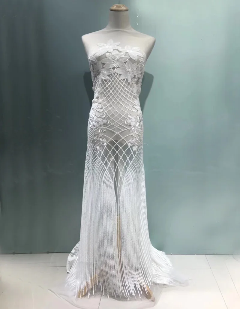 

Free shipping (5yards/pc) newest design pure white African sequins net lace fabric French lace fabric for party dress FNS126