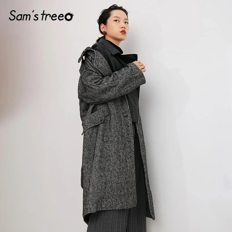 Samstree New Winter Vogue Women Wool Coat Oversize Long Double-Breasted Belt Turn-down Collar Pocket Outwear Coat Over Size