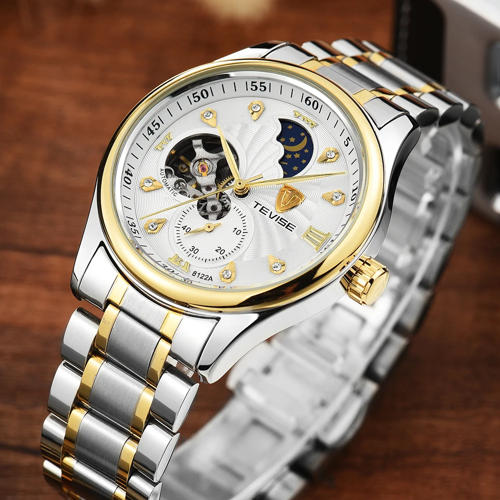 Роскошные Брендовые мужские автоматические механические часы TEVISE, деловые мужские часы с фазой Луны, полностью украденные наручные часы