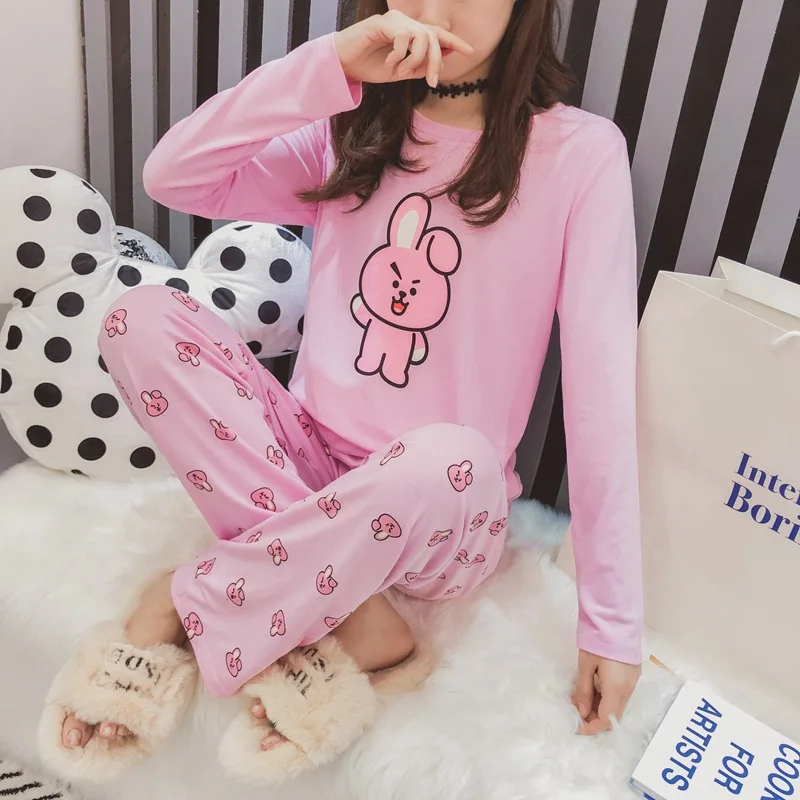 

Kpop Pink cotton Cartoon women Pajamas 2019 new autumn Harajuku Home Version Long Sleeve Pajamas female korean kawaii clothes