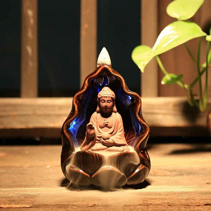 Creative Gift Chinese Ceramic Buddha Guanyin Monk Lotus Led Smoke