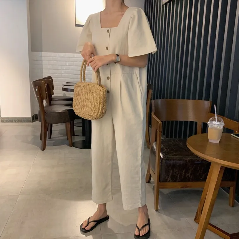 

2019 Women Cotton Linen Jumpsuit Solid Color Summer Overalls Loose Long Trousers Casual Buttons Wide Leg Jumpsuits