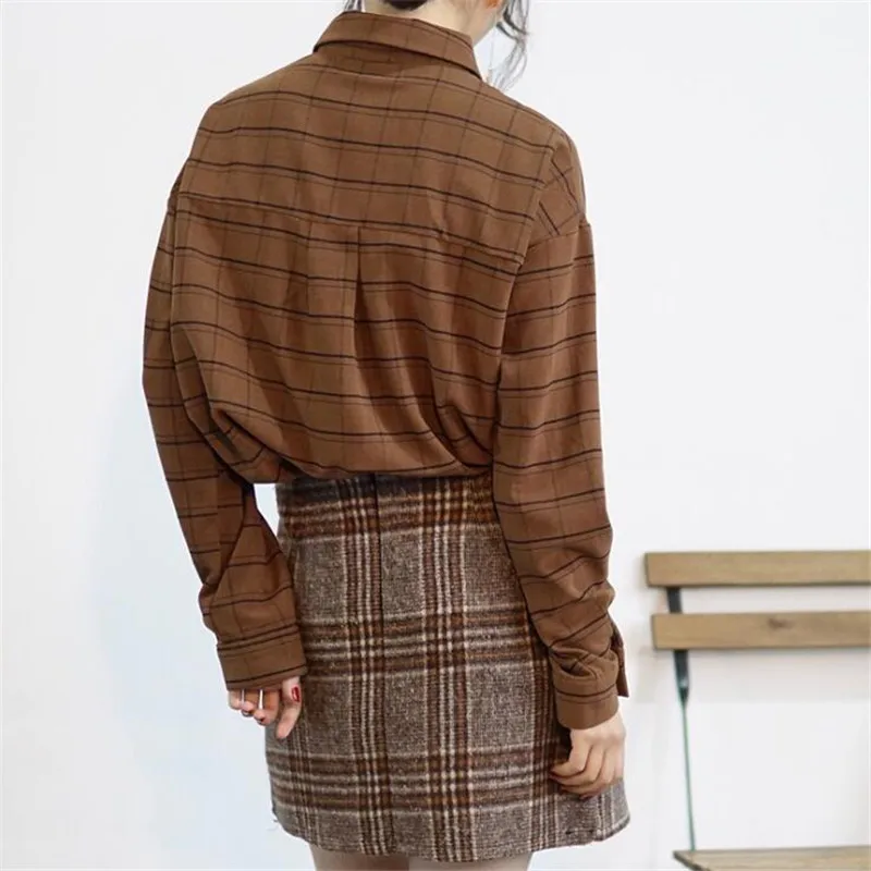  Loose cotton Checkered plaid College blouses shirt 2020 Cage female long sleeve Casual women Blouse