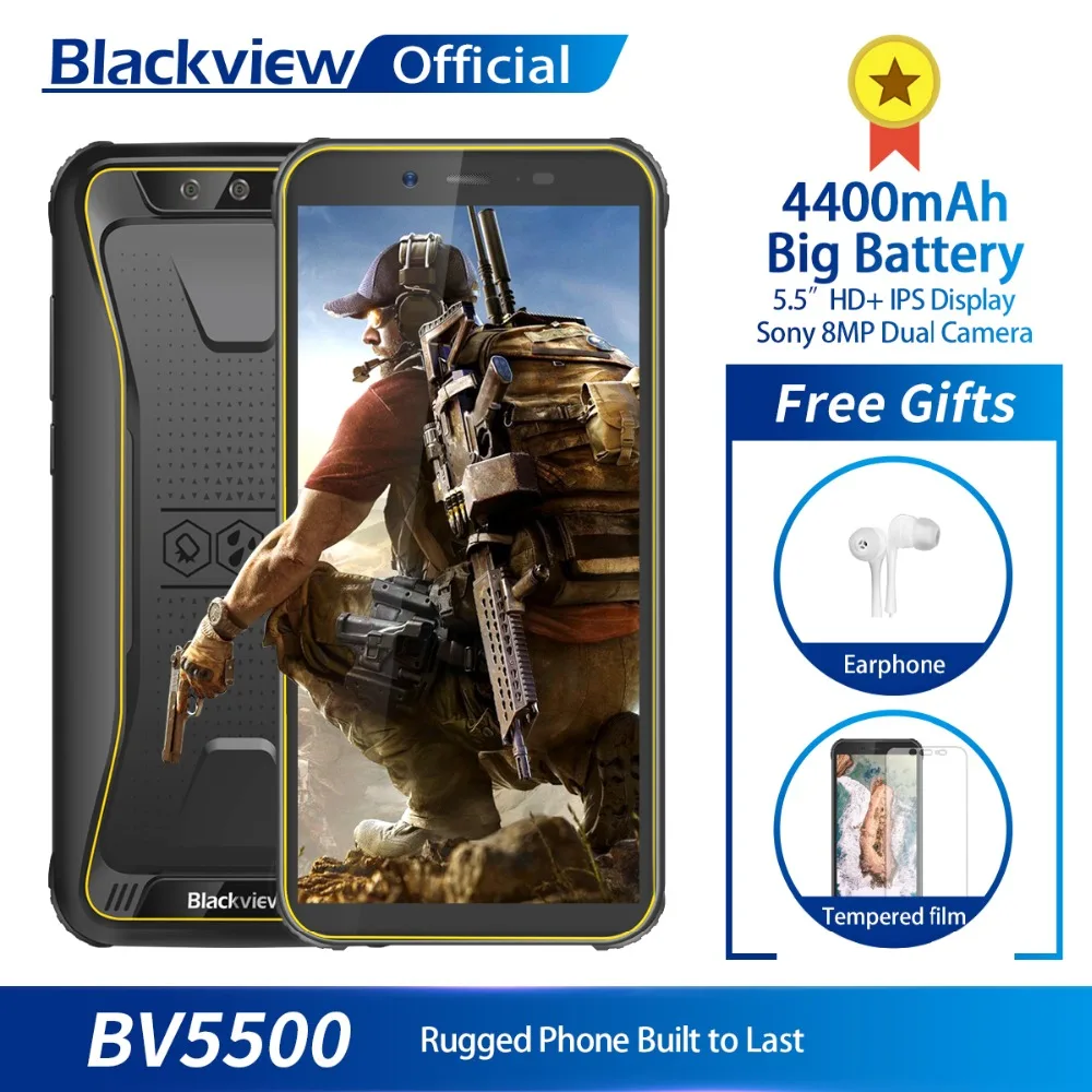 Blackview BV5500 MTK6580P Android 8,1 мобильный телефон 5,5 "18:9 Экран 2 GB + 16 GB IP68 Водонепроницаемый 4400 Max две sim карты 3g смартфон