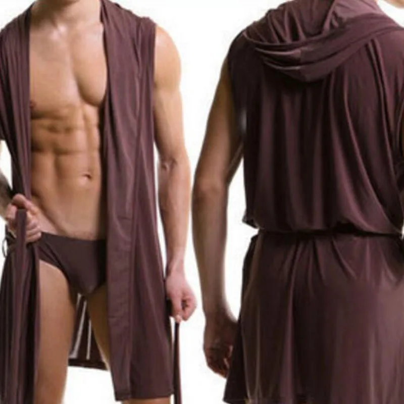 Мужская сексуальная одежда для сна без рукавов, Халат с капюшоном, халат, Повседневная Пижама, мужские халаты, удобный сексуальный домашний халат с нижним бельем