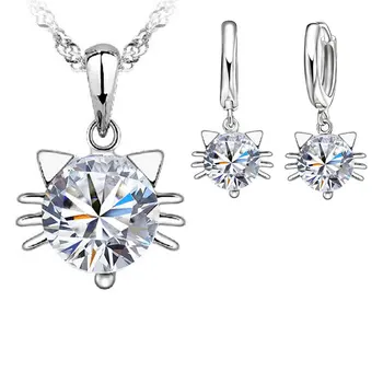 

Animal Cut Silver Austrian Crystal Jewelry Sets For Women Cats Pendant Necklace Hoop Earring Set For Kids