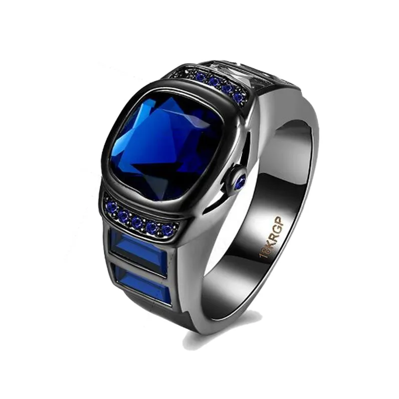 

Men Fashion Rings Jewelry Black Gold Filled Male Ring Blue Purple Green Crystal Rings Vintage Wedding Party Finger Jewelry