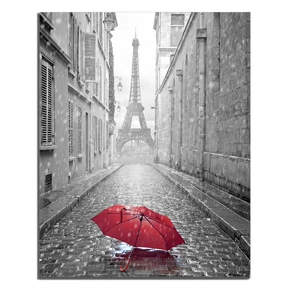 

Paris Tower City Building Rainy Day Red Umbrella Abstract Oil Painting Unique Gift For Home Decor Modern Art Picture No Frame