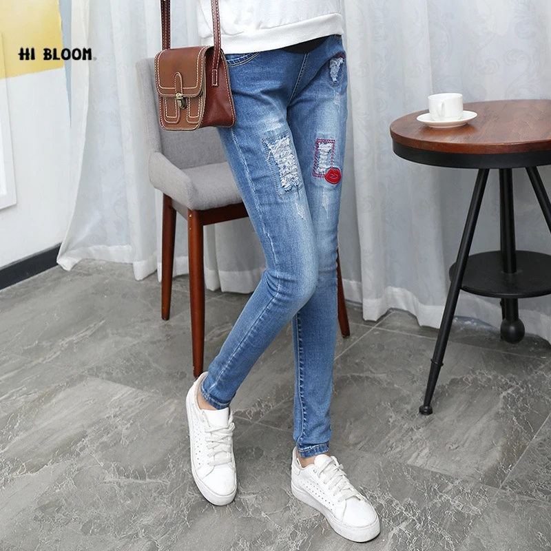 

New Denim Blue Maternity Jeans Overalls Jumpsuite Casual Pregnant Trousers Red Lip Fall Spring Winter Clothes for Pregnant Women