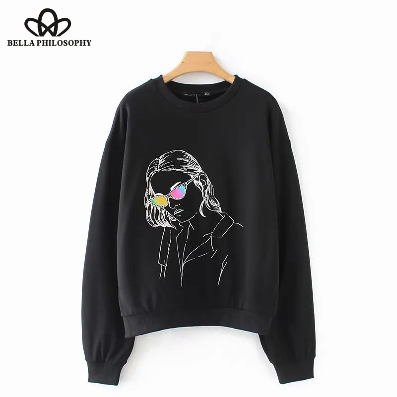 Wonder 2018 new autumn vintage beauty pattern printing basic hoodies retro long sleeve black hoodies ladies sweatershirts tops
