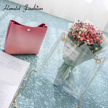 

Herald Fashion Transparent PVC Chain Female Shoulder Bags Women Clear Handbags with Scarves Casual Ladies' Messenger Bucket Bag