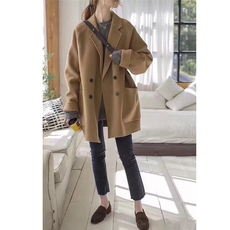 

Titotato Time-limited Winter Clothes Overcoat Wool Coat Women Two-sided Lapel Long Sleeve Turn-down Collar Outwear Jacket Casual
