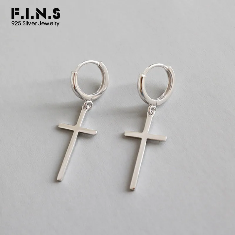 

F.I.N.S 925 Sterling Silver Earrings Cross Pendant Long Earring Hanging Cross Drop Earrings For Women Minimalist Fine Jewelry