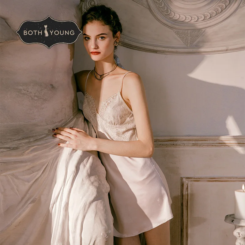 

BOTHYOUNG Lace Strap Nightdres V-Neck Smooth Soft Nightwear Silk Nighty for Women Ladies Pyjama Set Women's Sleepwear fo