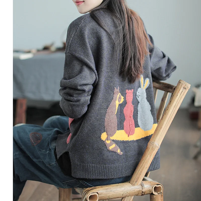 Johnature 2018 Autumn New Women Sweater Coats Knitted Cardigan Pockets Button V-Neck Long Sleeve Mori Girl Print Cartoon Sweater