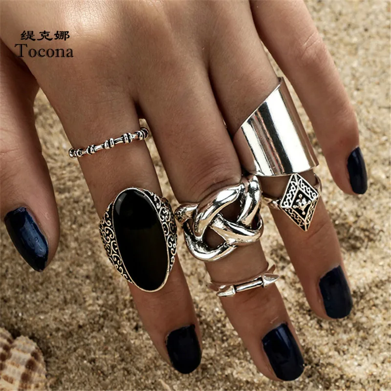 

Tocona 6pcs/set Bohemia Antique Silver Cross Arrow Black Rhinestone Charm Rings Sets for Women Party Jewelry 3450