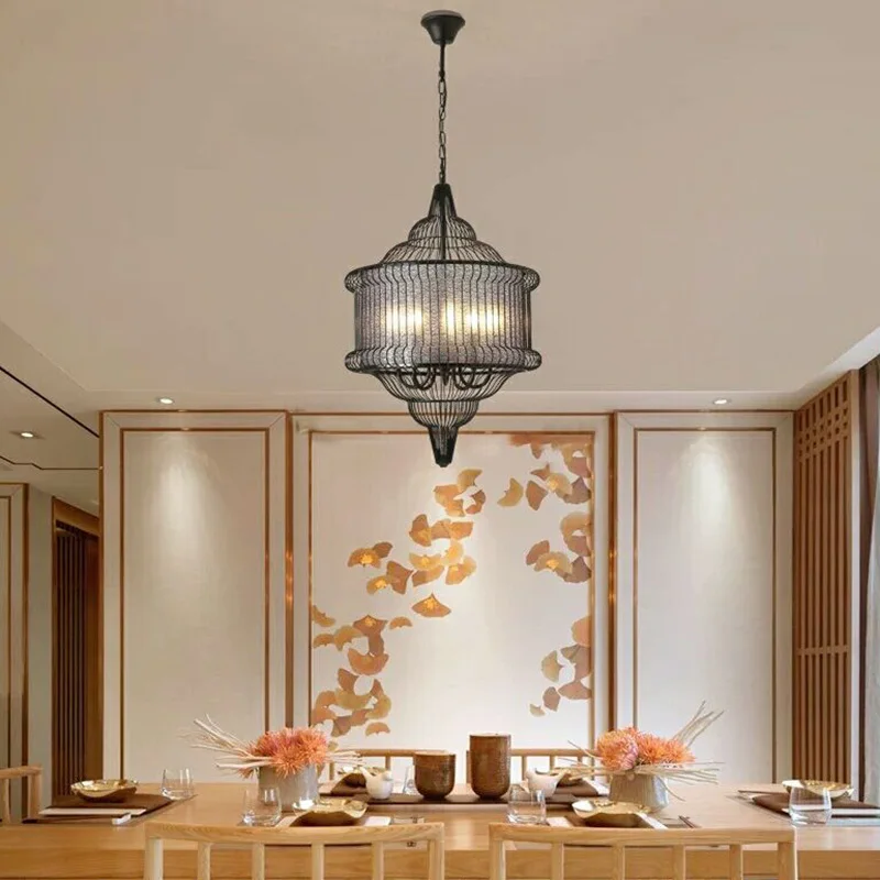 

Led creative restaurant corridor iron pendant lamps antique teahouse hotel cage lamp retro Chinese style pendant lights ZA ZL500
