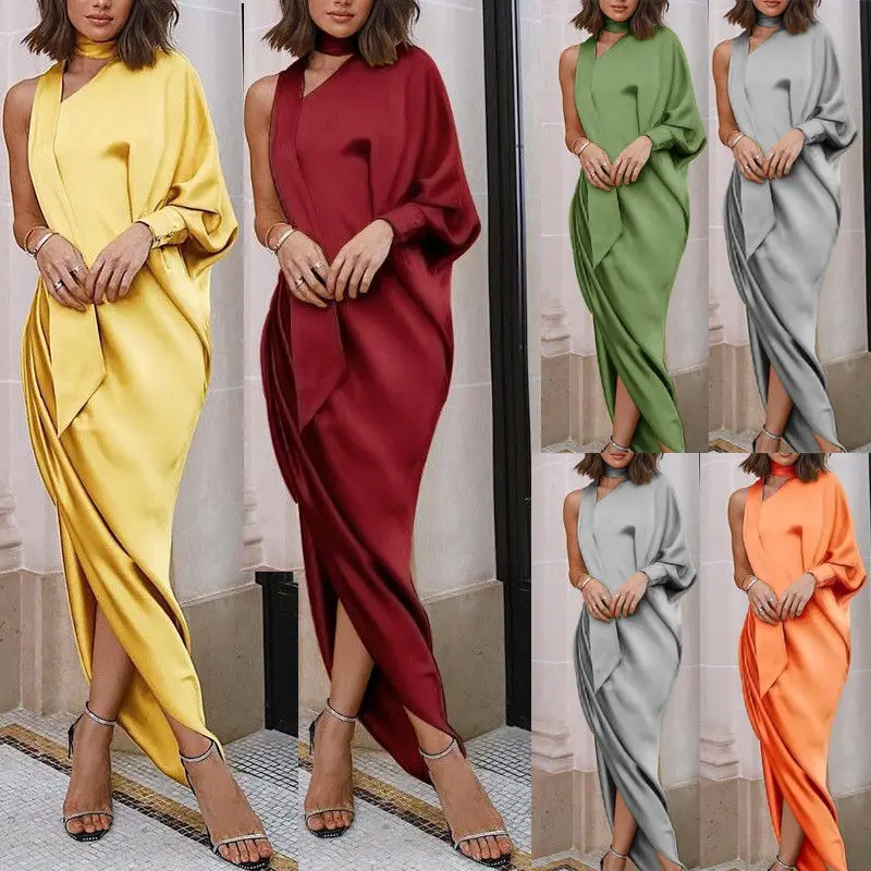 

New Elegant Women Loose Dresses Casual Solid Cotton Baggy Oversized Long Maxi Dresses Sexy Off Shoulder Long Sleeve Loose Dress