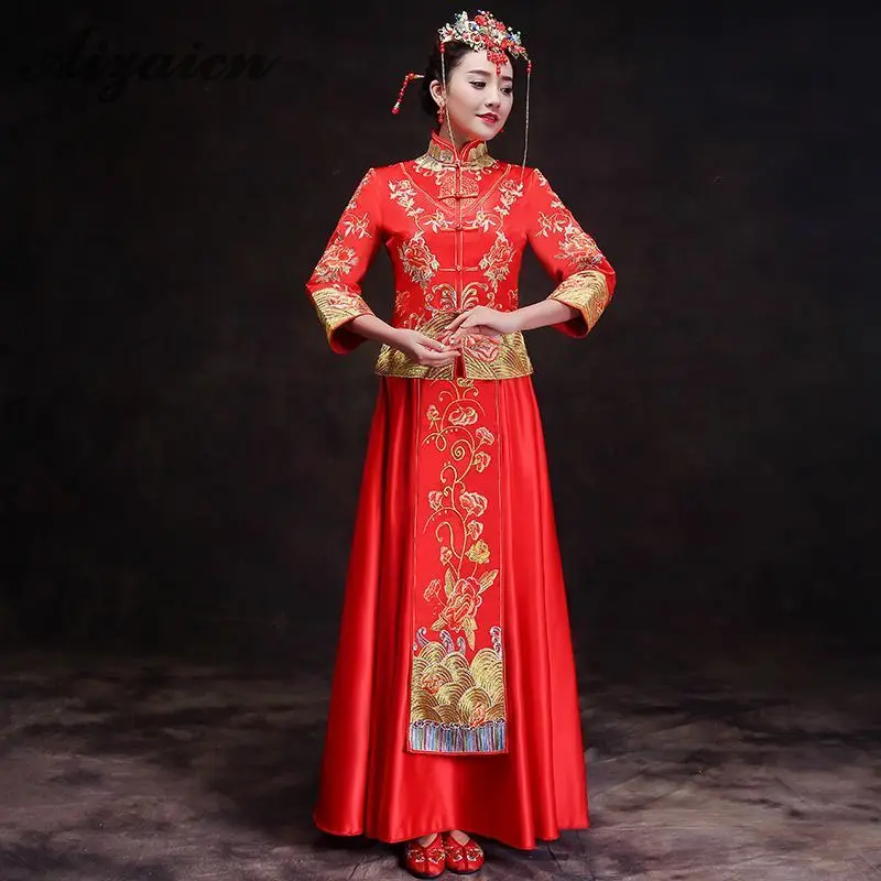 

Red Chinese Traditional Wedding Dress Qipao Gules Embroidery Cheongsam Long Flower Bride Marry Woman Oriental Robe Chinoise