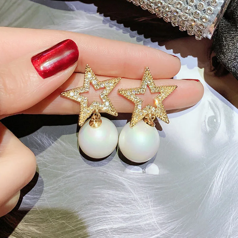 

2019 Gold Crystal Pentacle Charm Big Pearl Earring for Women Korean Statement Star Earring Wedding Stud Earings Fashion Jewelry