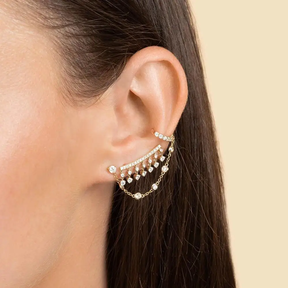 Long Round Cz link chain Tassel drop earring red green white cubic zirconia Gold color fashion earrings