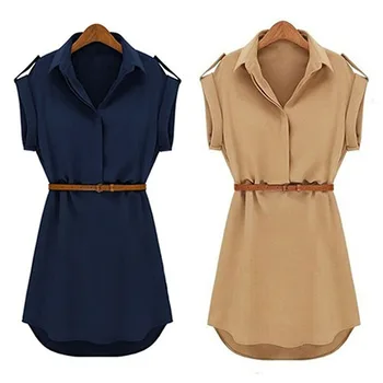 

Women's Casual V-neck Cap Sleeve Solid Color Chiffon Shirt Dress with Brown Belt