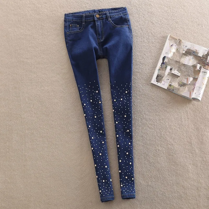 Модные женские джинсы со стразами, женские узкие брюки с дырками, темно-синие джинсы, стразы - Цвет: Синий