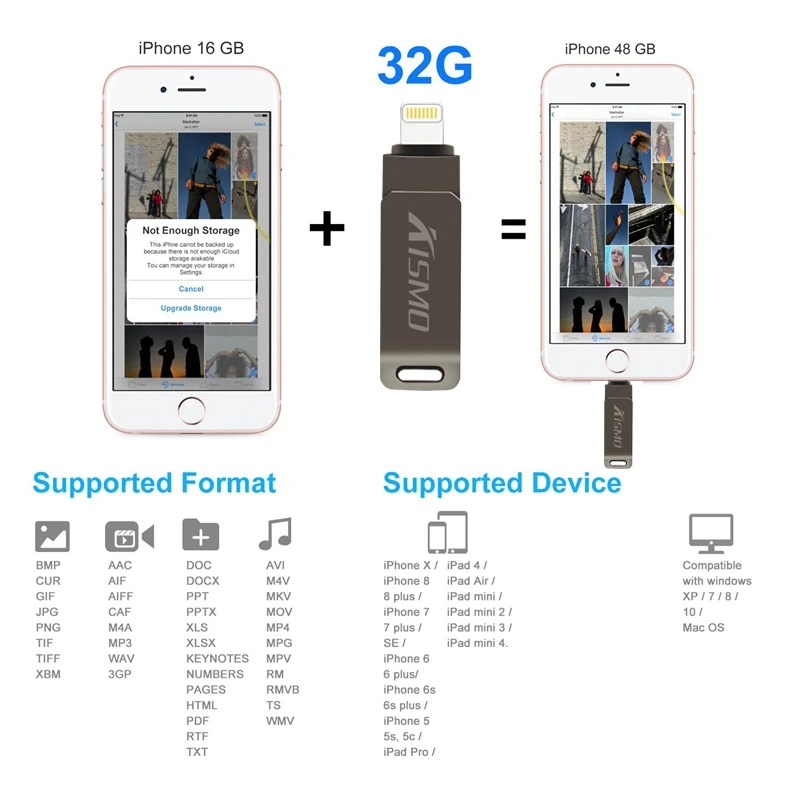 Kismo USB2.0 металлический usb-накопитель портативный флэш-накопитель 16 ГБ 32 ГБ 64 Гб 128 ГБ usb-носитель селфи палка для iPhone X, 8, 7, 6, 6 S, Plus, USB флэш-накопитель