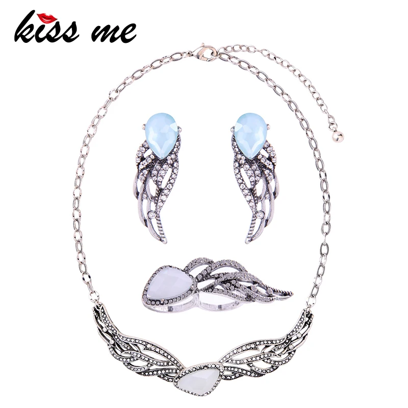 

KISS ME Chic Alloy Acrylic Wing Statement Necklace Earrings Rings Set Silver Color Retro Accessories African Jewelry Sets